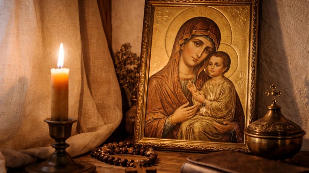 Icoană și lumânare aprinsă, simbol al rugăciunii pentru liniște