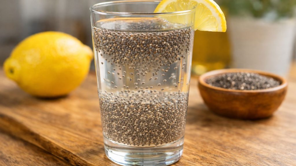 Pahar cu apă și semințe de chia hidratate, remediu naturist consumat dimineața