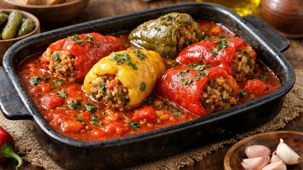 Ardei umpluți de post cu legume și orez, gătiți în sos de roșii, rețetă tradițională de mănăstire