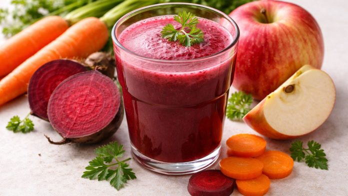 suc-sfecla-morcov-mar-800x450.jpg Suc natural din sfeclă, morcov și măr, preparat proaspăt, prezentare informativă