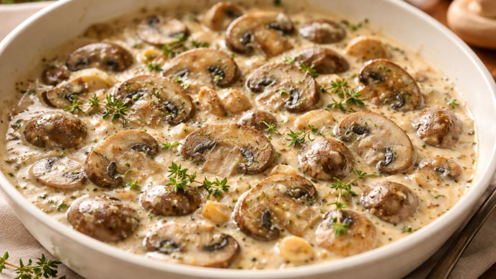 Ciuperci champignon gătite în sos de smântână cu usturoi și cimbru, preparat cremos la cuptor