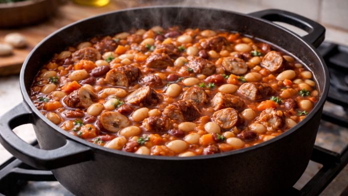 Fasole fiartă rapid într-o oală rustică, cu boabe fragede, abur fierbinte și trucuri simple din bucătărie pentru gătire mai rapidă.