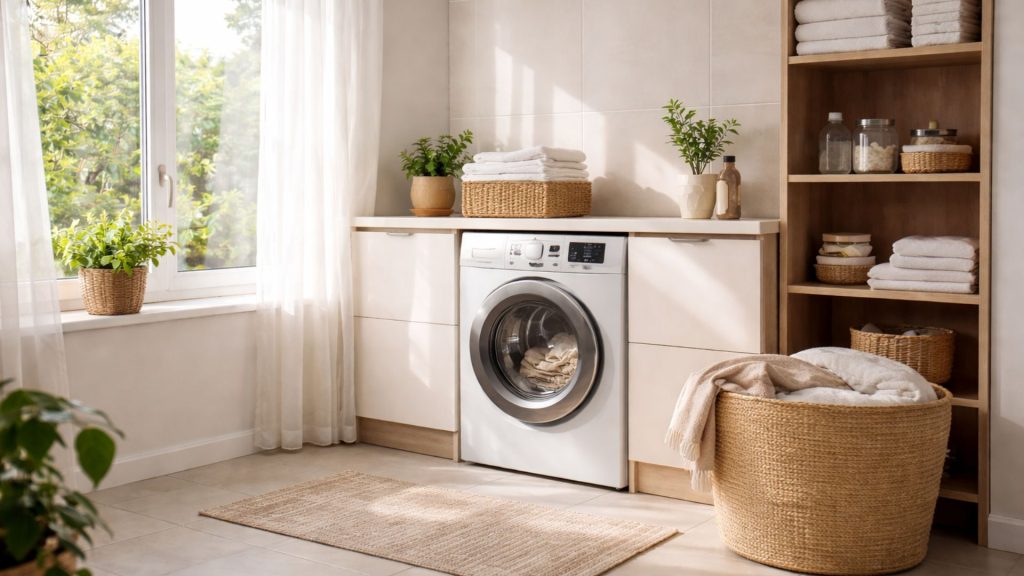 Masina de spalat intr-o locuinta, simbol al muncii casnice si al dilemei daca este pacat sa speli duminica