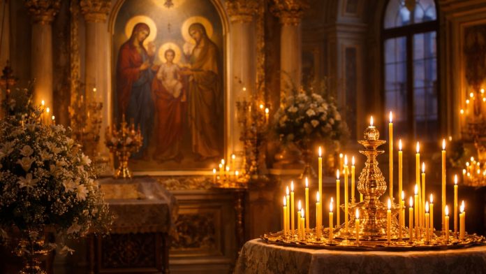 „Întâmpinarea Domnului, sărbătoare ortodoxă pe 2 februarie, interior de biserică cu lumânări aprinse și icoană tradițională.”