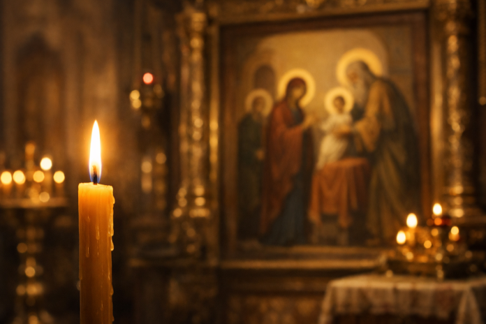„Rugăciunea de Întâmpinarea Domnului, 2 februarie, lumânare aprinsă și icoană ortodoxă în biserică.”