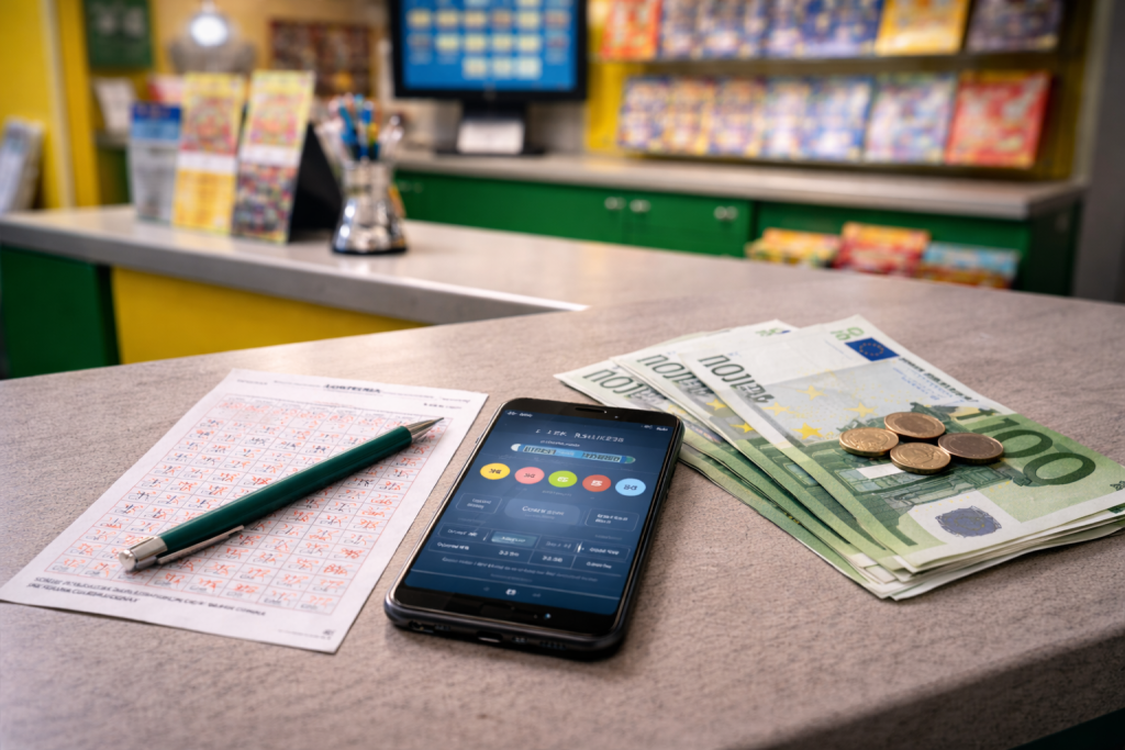 Bilet Loto câștigător și bani pe masă după câștigarea marelui premiu la Loto în România