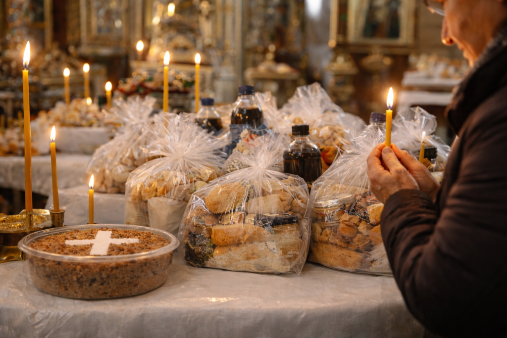Pomană oferită cu lumânare aprinsă și pomenirea numelui celui adormit
