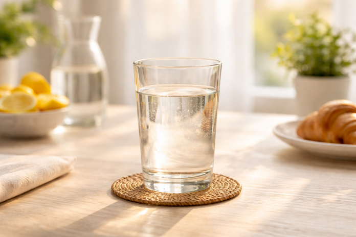 apa-dimineata-stomacul-gol-hidratare.jpg Pahar cu apă băut dimineața pe stomacul gol, obicei de hidratare zilnică