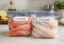 Pește congelat corect într-o pungă sigilată cu etichetă de dată – păstrare în siguranță