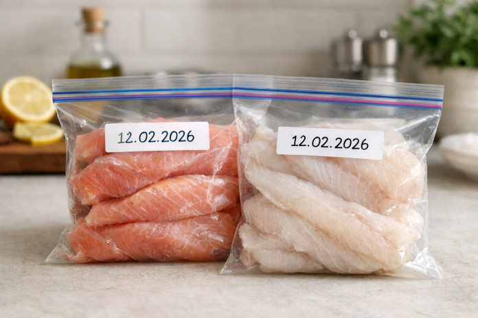 Pește congelat corect într-o pungă sigilată cu etichetă de dată – păstrare în siguranță