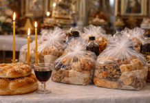 Greșeala uriașă care îți lasă morții în întuneric: ce se întâmplă dacă dai pomană fără lumânare de Moșii de Iarnă Lumânări aprinse alături de pachete de pomană tradiționale de Moșii de Iarnă pe masa din biserică