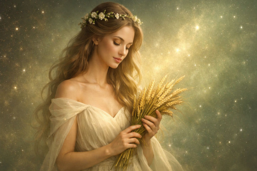 Simbol zodiacal Fecioară pe fundal cosmic