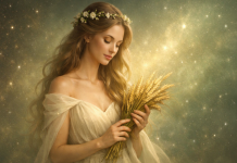 Simbol zodiacal Fecioară pe fundal cosmic