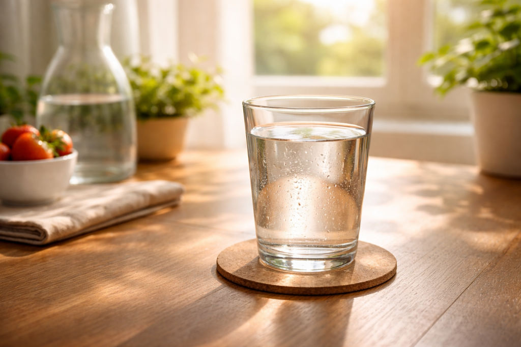 Pahar cu apă pe masă dimineața lângă fereastră, simbol al hidratării