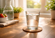 Ce se întâmplă în corp dacă bei apă în fiecare dimineață pe stomacul gol Pahar cu apă pe masă dimineața lângă fereastră, simbol al hidratării