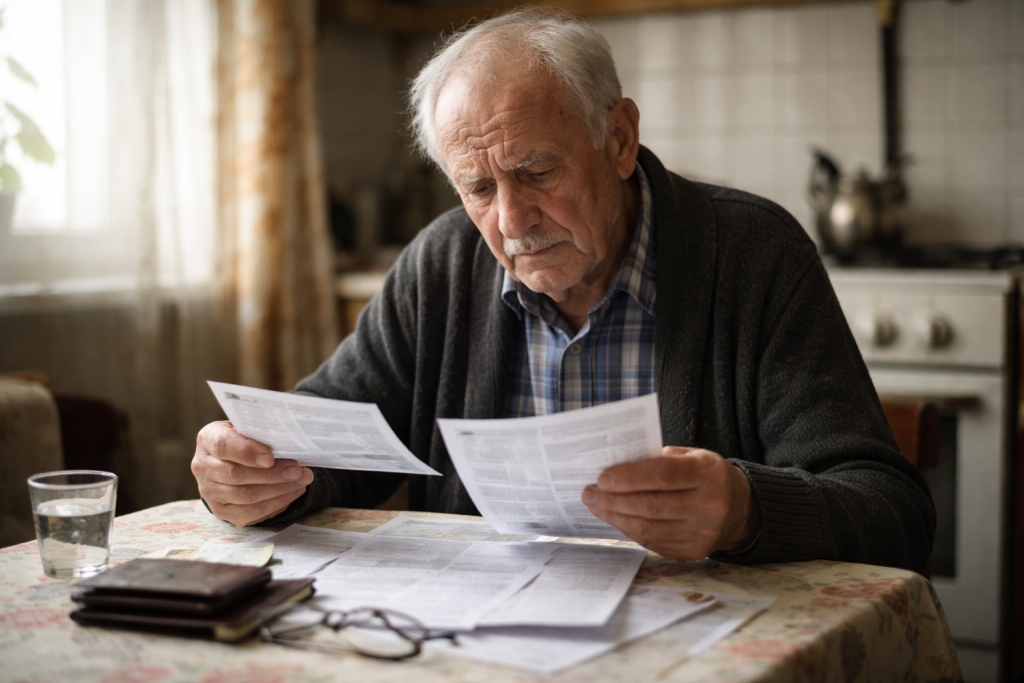 Pensionar din România verificând talonul de pensie și documente acasă