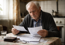 Pensionar din România verificând talonul de pensie și documente acasă
