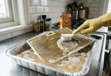 Cum cureți rapid o hotă murdară și plină de grăsime. Trucul simplu cu bicarbonat Filtru de hotă murdar cu grăsime care este curățat cu bicarbonat și apă fierbinte