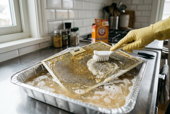 Filtru de hotă murdar cu grăsime care este curățat cu bicarbonat și apă fierbinte