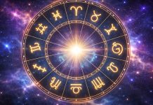 Simboluri ale zodiilor pe fundal cosmic care sugerează noroc și succes