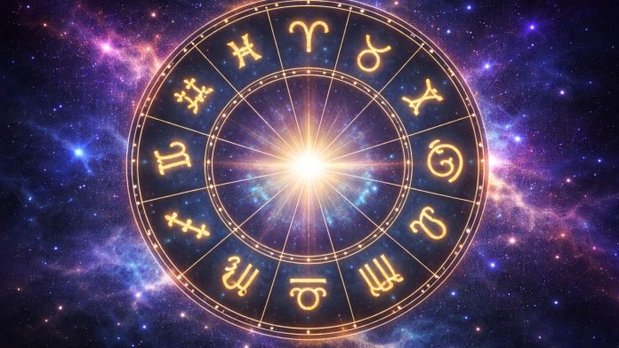 Simboluri ale zodiilor pe fundal cosmic care sugerează noroc și succes