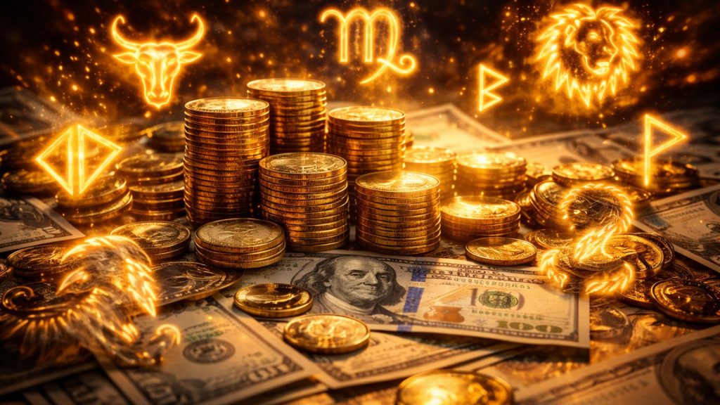 simboluri zodiacale și bani într-o atmosferă de câștig și risc