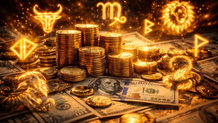 simboluri zodiacale și bani într-o atmosferă de câștig și risc