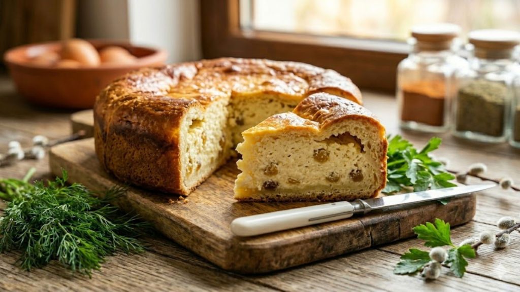 Pască cu brânză dulce, tăiată, cu umplutură cremoasă și aluat pufos