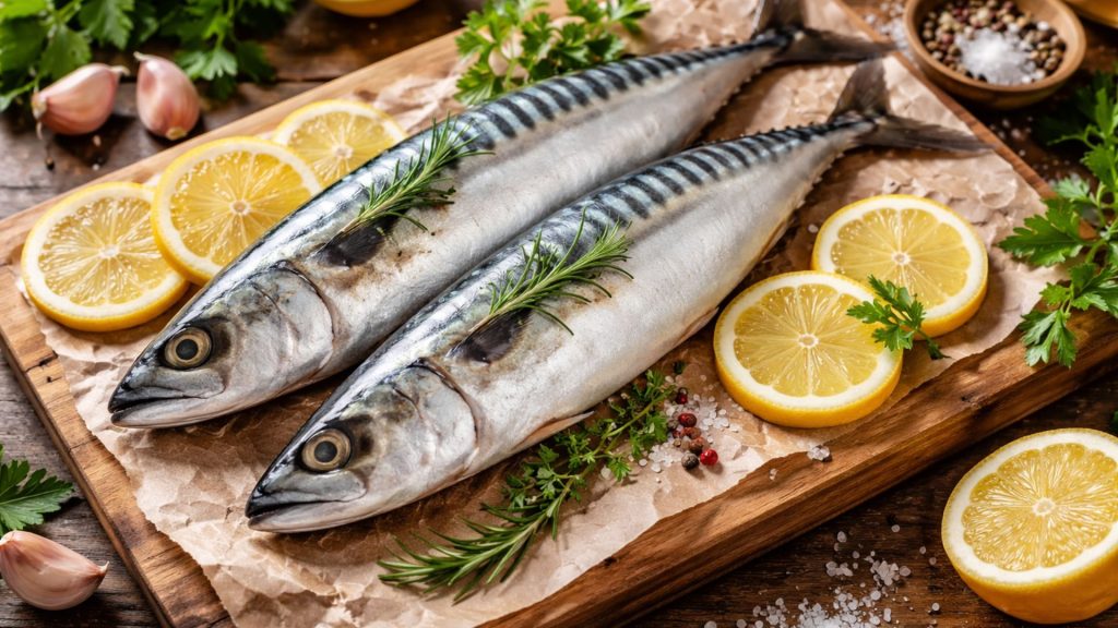 Macrou proaspăt pe masă cu lămâie și ierburi aromatice