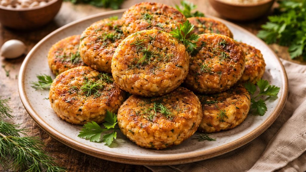 Chifteluțe de post din fasole prăjite, servite pe farfurie cu verdeață