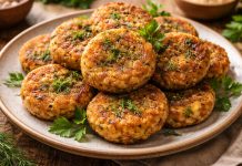 Chifteluțe mănăstirești de post. Rețeta simplă și surprinzător de gustoasă Chifteluțe de post din fasole prăjite, servite pe farfurie cu verdeață