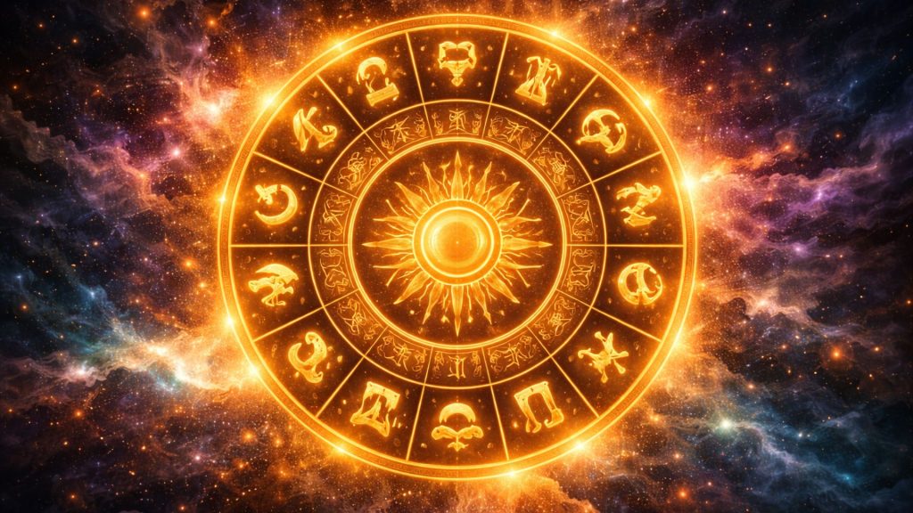 Ilustrație astrologică cu simboluri zodiacale și fundal cosmic