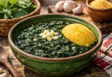 Mâncare tradițională de urzici cu usturoi într-un bol rustic