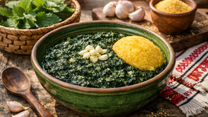 Mâncare tradițională de urzici cu usturoi într-un bol rustic