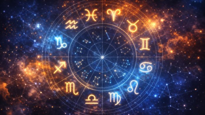 simboluri zodiacale luminoase pe fundal cosmic reprezentând horoscopul primăverii 2026