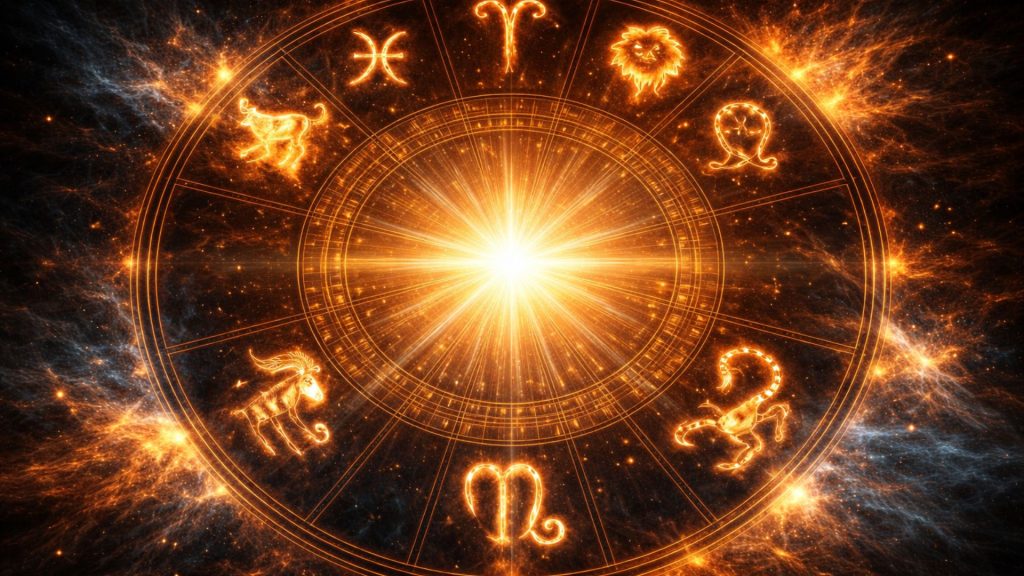 cerc zodiacal cu simboluri evidențiate și efect de lumină puternică