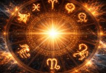 cerc zodiacal cu simboluri evidențiate și efect de lumină puternică