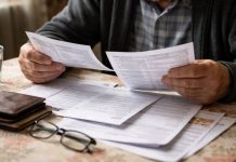 Pensionar și mamă cu copil analizând documente și facturi într-o locuință din România