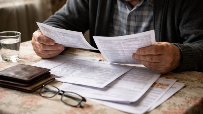 Pensionar și mamă cu copil analizând documente și facturi într-o locuință din România