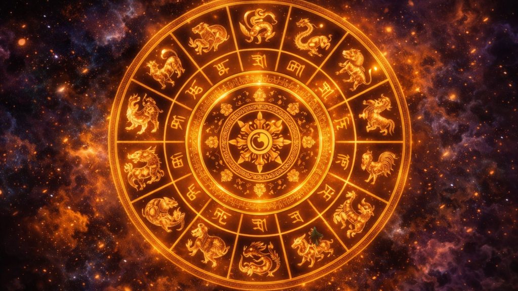 Roata zodiacală tibetană cu simboluri mistice și fundal cosmic