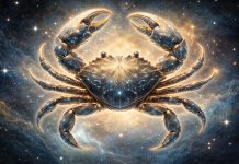 Simbol zodiacal Rac pe fundal cosmic