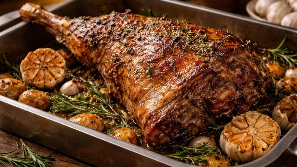 Friptură de miel rumenită la cuptor într-o tavă cu usturoi și ierburi aromatice
