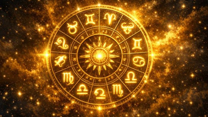 Simboluri zodiacale strălucind pe fundal cosmic