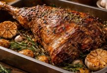 Friptură de miel rumenită la cuptor într-o tavă cu usturoi și ierburi aromatice