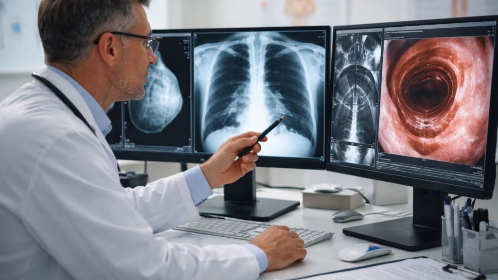 medic analizând investigații medicale pentru depistarea cancerului