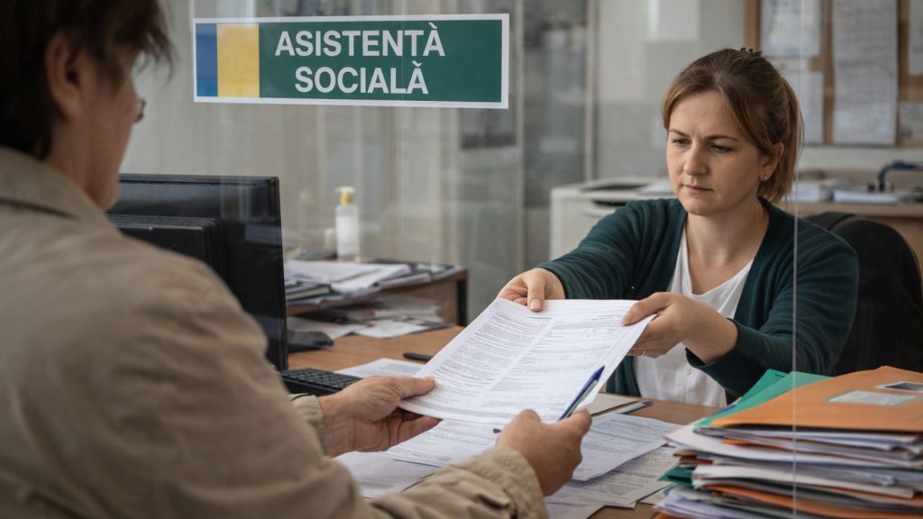 Persoană depunând dosar pentru ajutor social la primărie în România