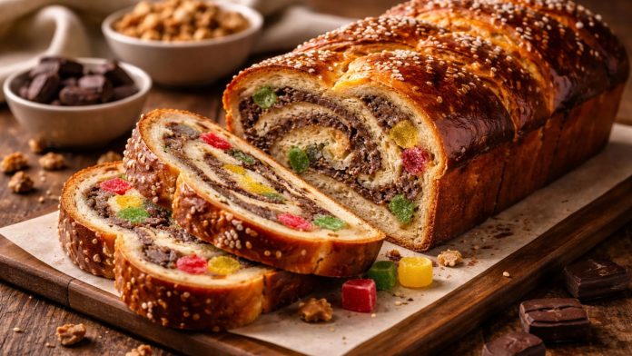 Cozonac pufos tăiat în felii, cu umplutură de nucă și ciocolată