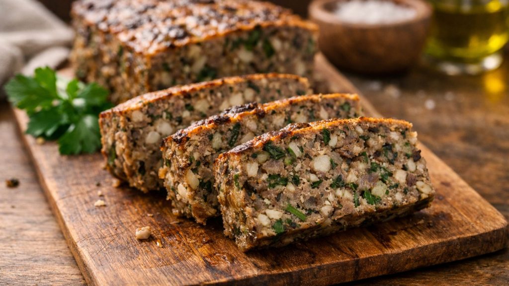 Drob de miel tăiat în felii, cu ou fiert și verdeață în interior