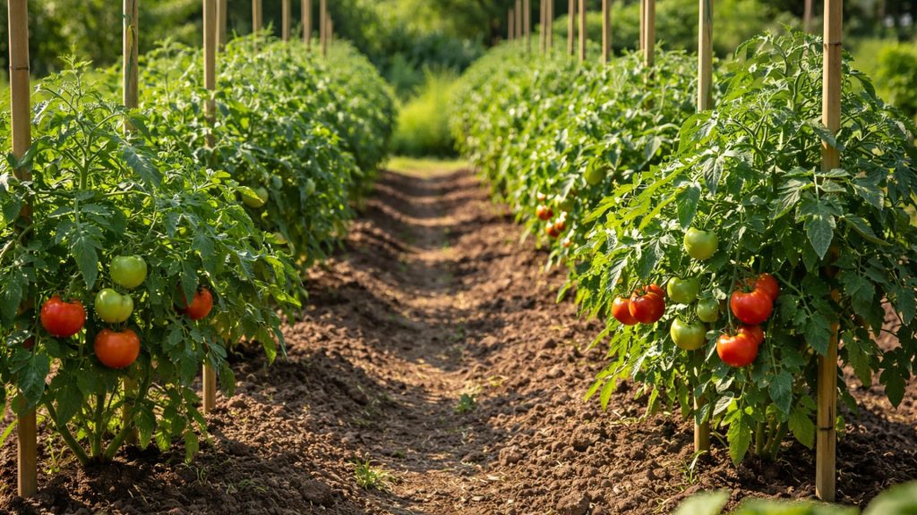 Răsaduri de roșii plantate corect în grădină, la distanță potrivită