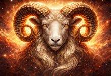 Simbol zodiacal Berbec pe fundal cosmic